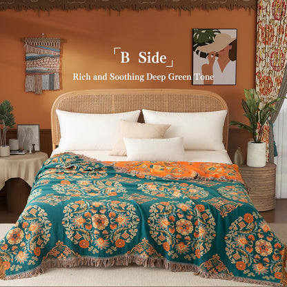 Boho Throw Blanket Twin Size, Soft Cozy Cotton Muslin Quilt Blanket for Bed Decor, Floral Patterned