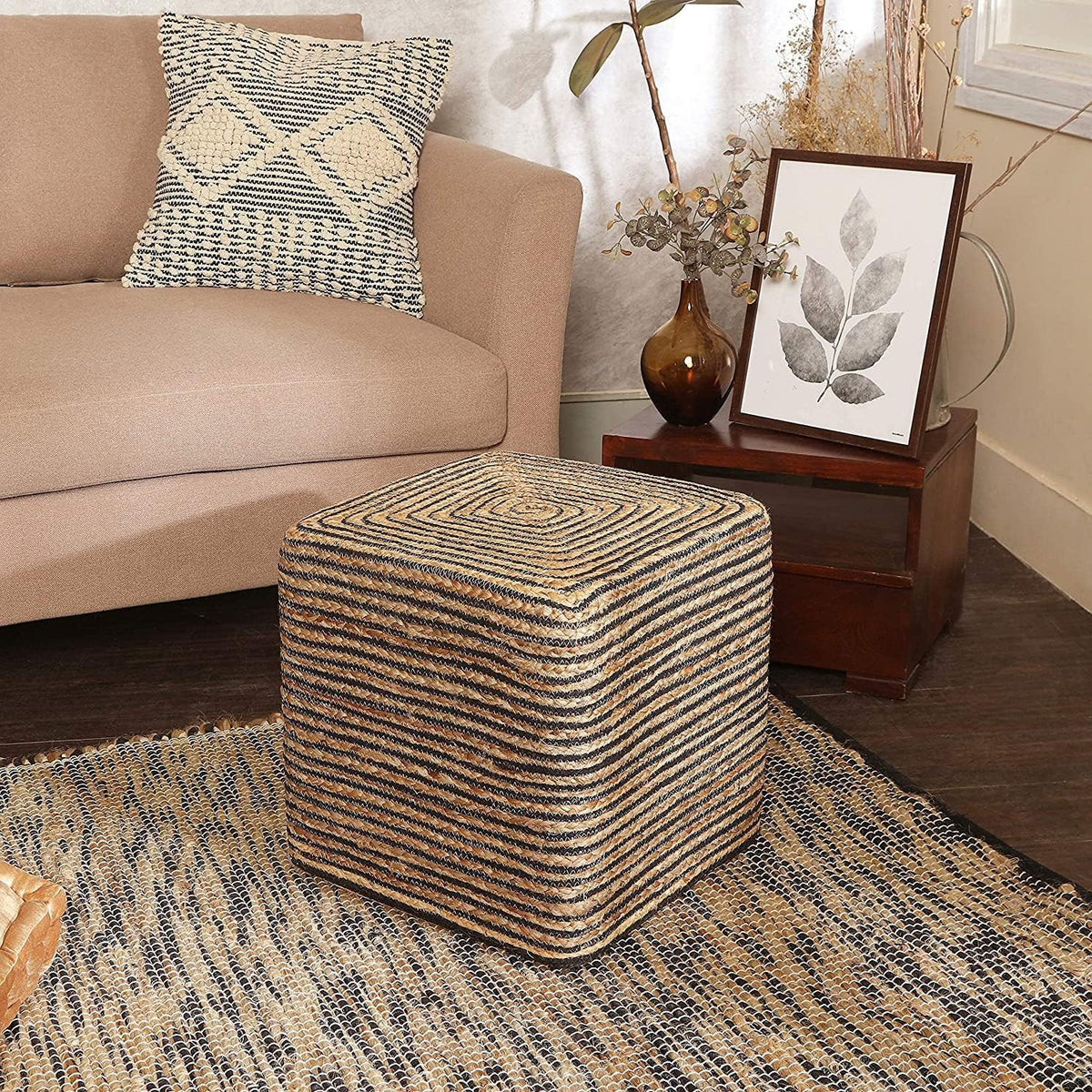 REDEARTH · Cube Pouf Foot Stool Ottoman - Jute Braided Pouffe Poof Accent Sitting Footrest for The
