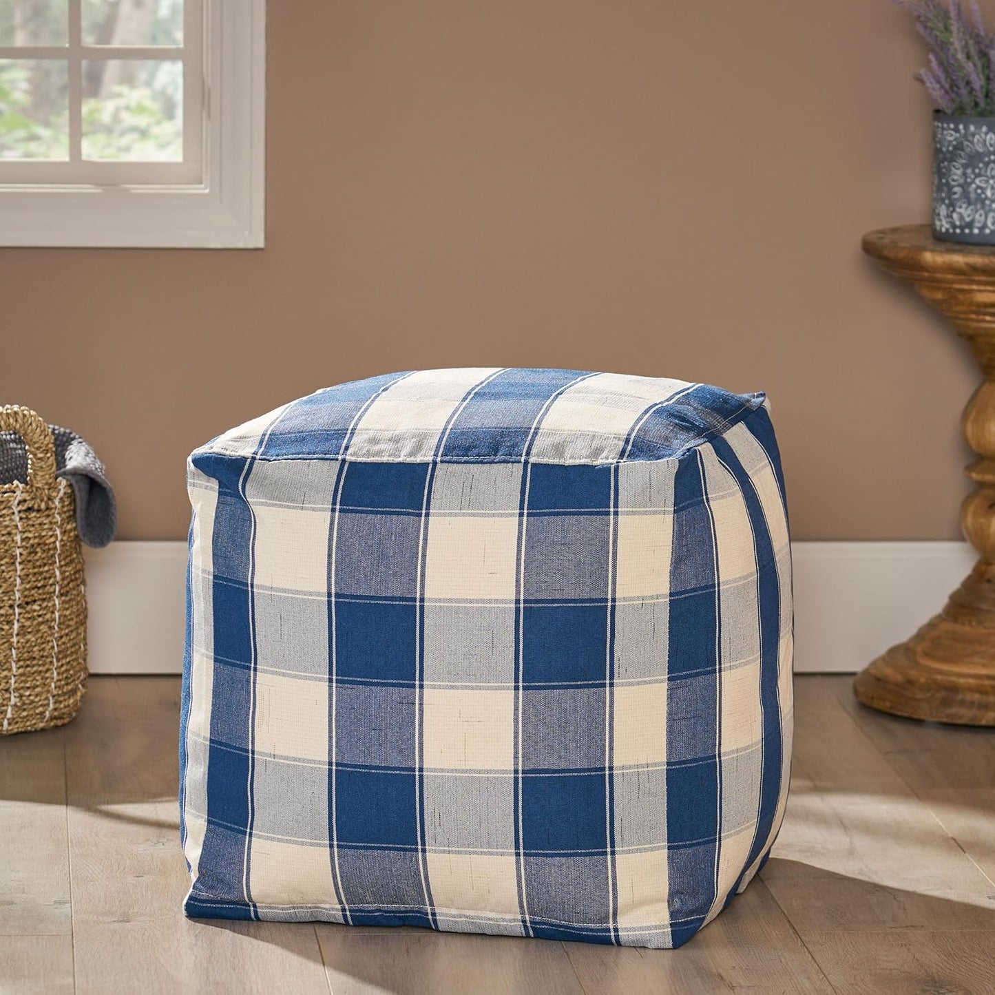 GDFStudio Modern Fabric Checkered Cube Pouf Ottoman Foot Stool - Bean Bag Floor Chair - Foot Rest