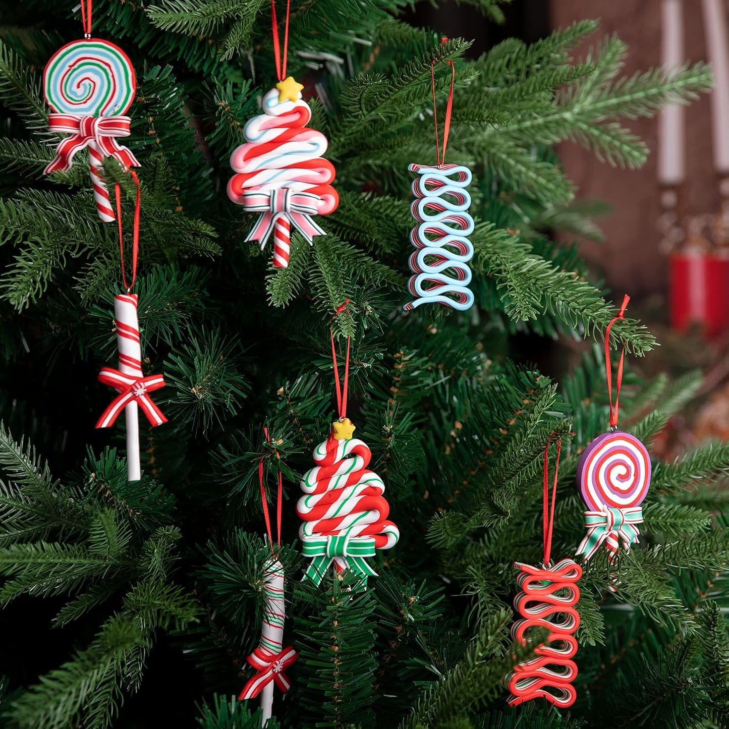 codree 8 PCS Christmas Lollipop Ornaments- Christmas Candies Polymer Clay Ornament- Xmas Decor