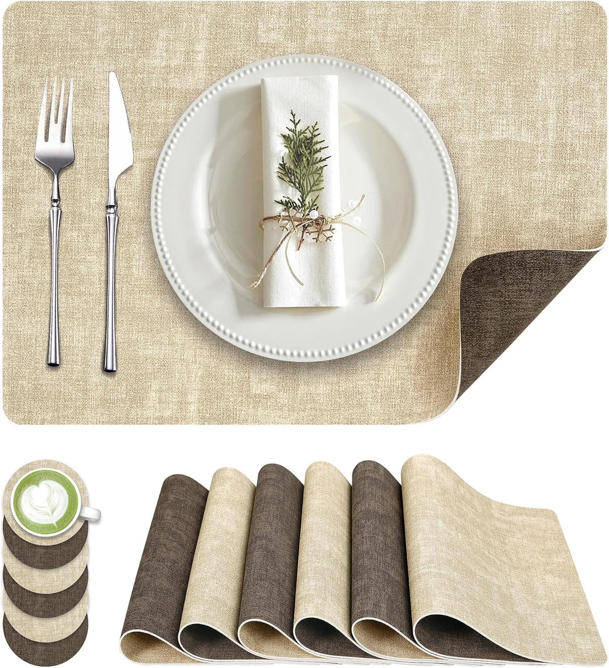 Faux Leather Dual Sided Placemats Set of 6, Square Non-Slip Heat Resistant Placemats with Coaster