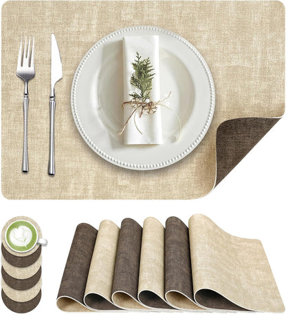 Faux Leather Dual Sided Placemats Set of 6, Square Non-Slip Heat Resistant Placemats with Coaster