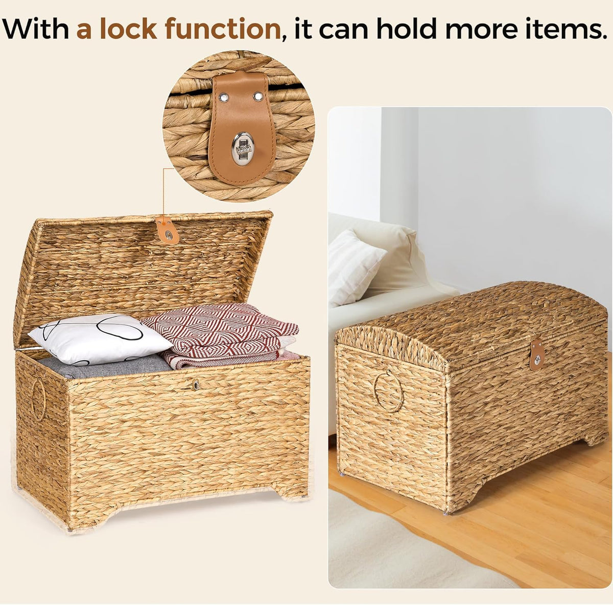 Handwoven Storage Basket with Lid, 178L Wicker Storage Bin, Natural Water Hyacinth, Leather Buckle