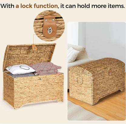 Handwoven Storage Basket with Lid, 178L Wicker Storage Bin, Natural Water Hyacinth, Leather Buckle