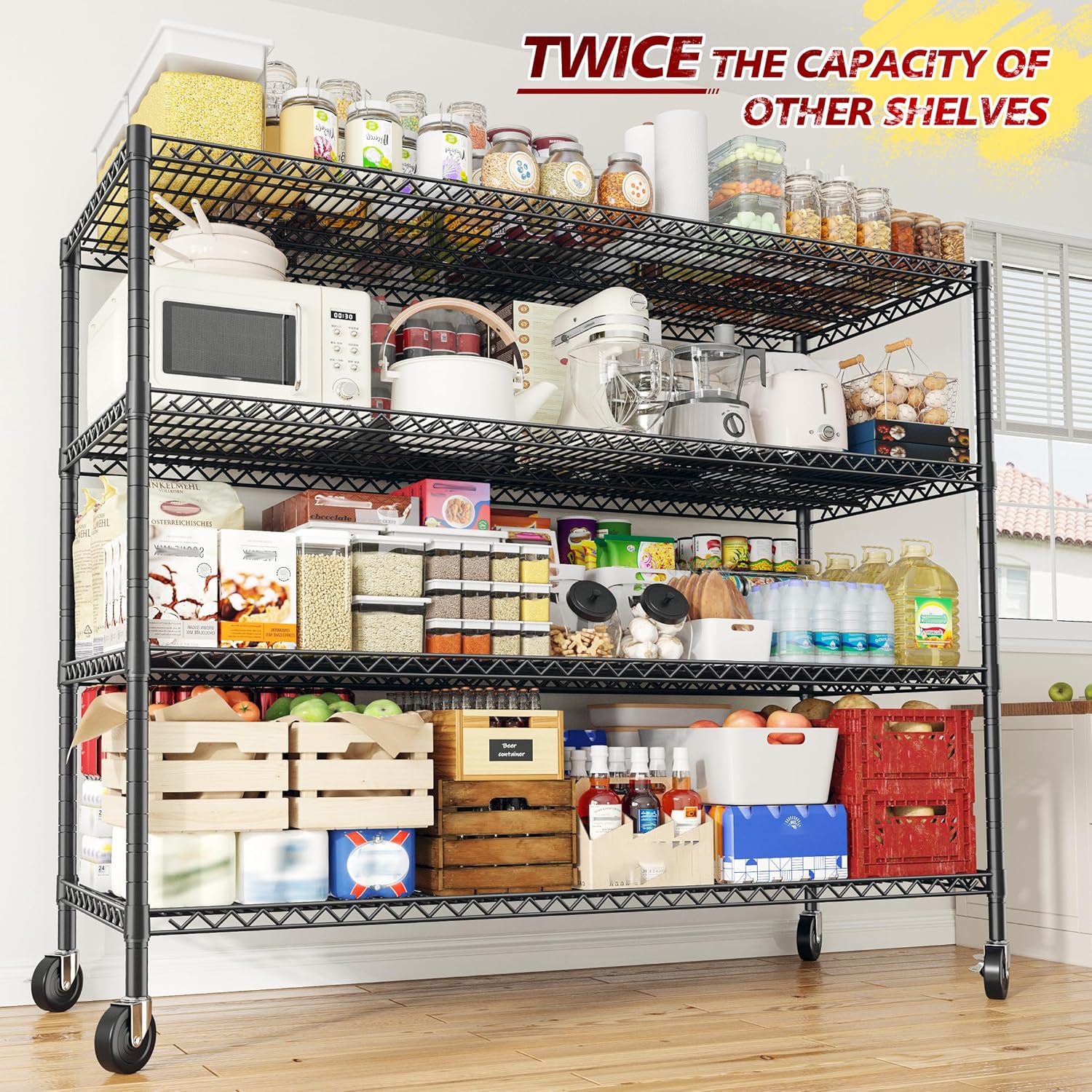 REIBII 75.6" H Storage Shelves Wire Shelving Unit with Wheels 2500LBS Garage Shelving Heavy Duty