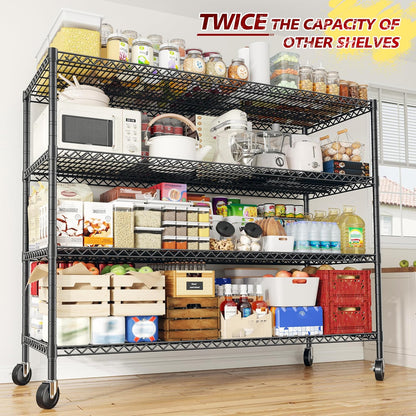 REIBII 55.5''W Storage Shelves 2500LBS Wire Shelving Rack with Wheels 75.6" H Heavy Duty Shelving