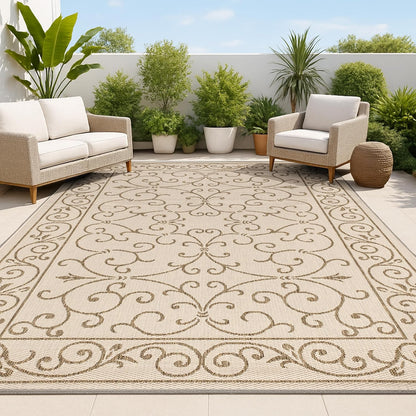 JONATHAN Y Vintage Filigree Indoor Outdoor Area Rug 3X5 Beige/Brown, Charleston Textured Weave for