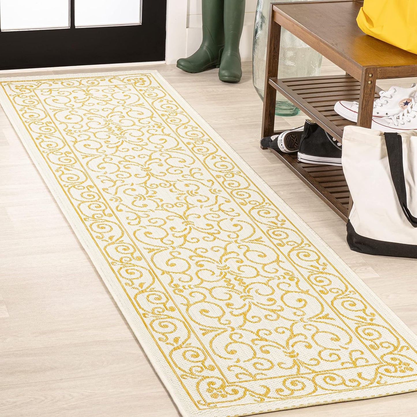 JONATHAN Y Vintage Filigree Indoor Outdoor Runner Rug 2X10 Cream/Yellow, Charleston Textured Weave