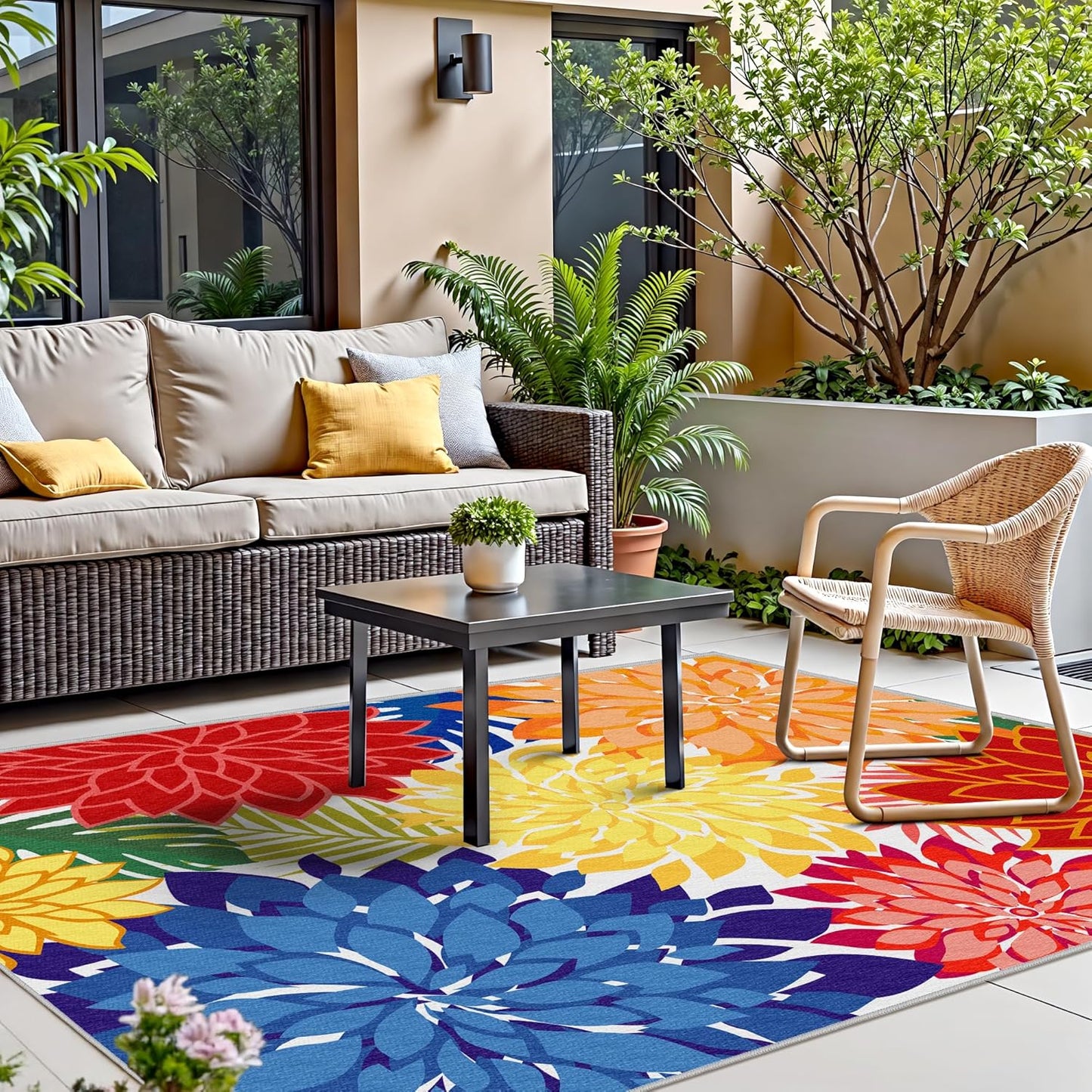Indoor Outdoor Area Rug Washable Rugs Multicolored Patio Rug Tropical Botanical Modern Floral