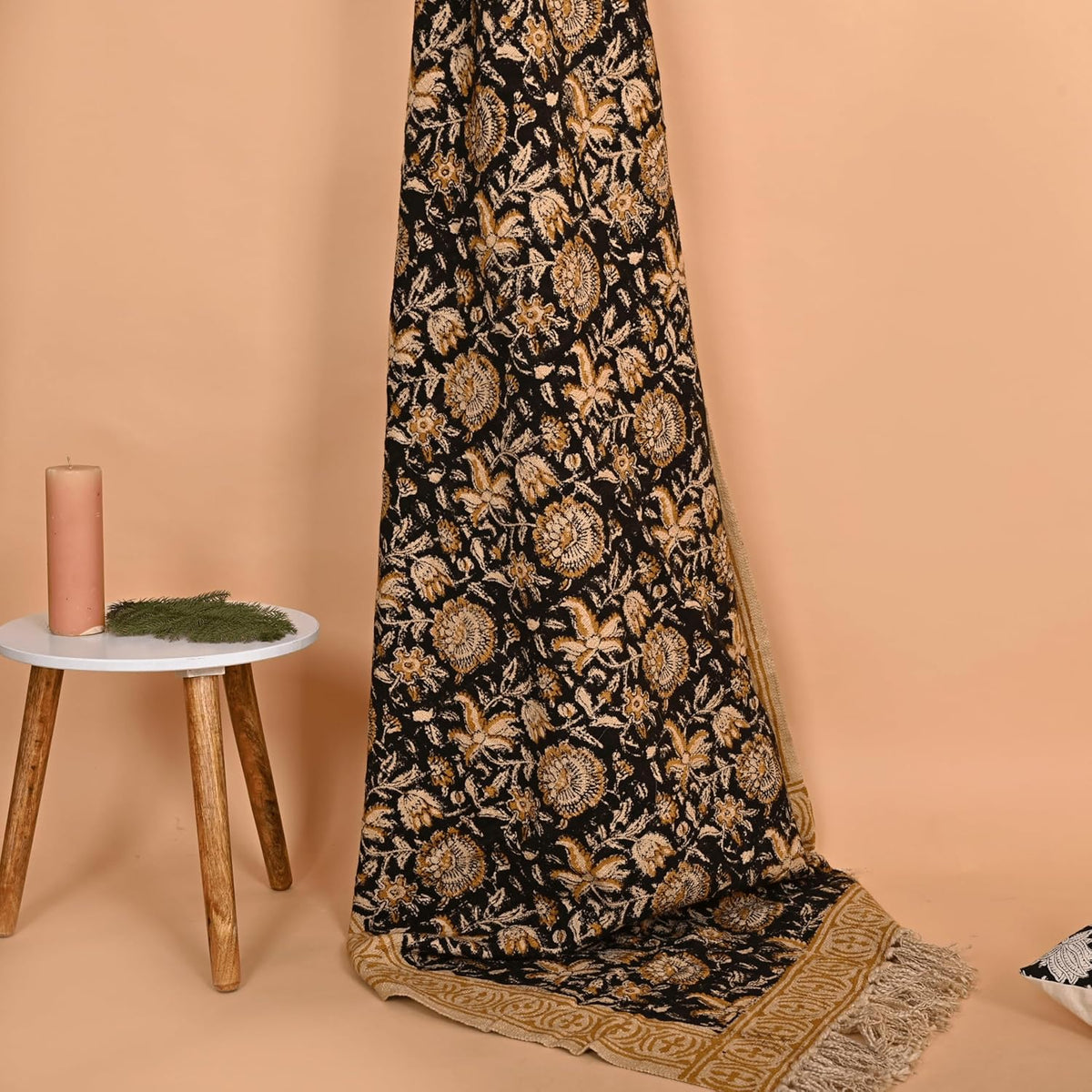 Bohemian Floral Cotton Throw Blanket with Tassels | 48x70 Inch Handblock Printed Sofa Throw | Black
