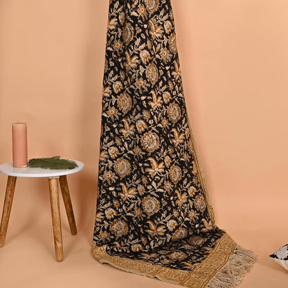 Bohemian Floral Cotton Throw Blanket with Tassels | 48x70 Inch Handblock Printed Sofa Throw | Black