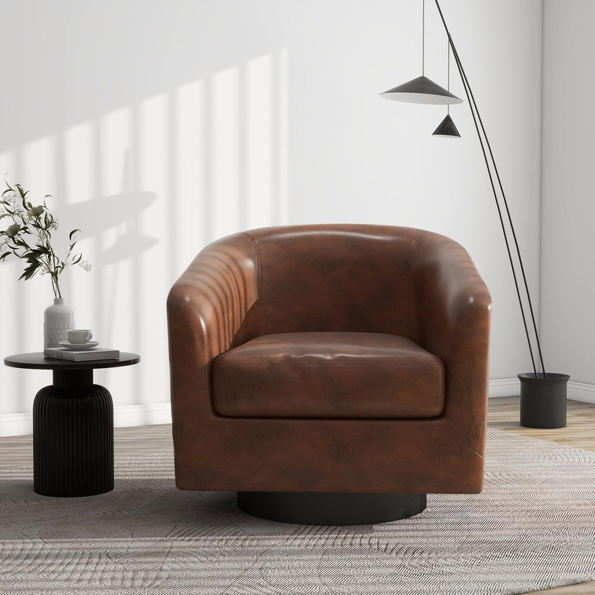 Swivel Barrel Accent Chair, Modern Round Faux Leather Arm Chair for Living Room, Bedroom, Comfy