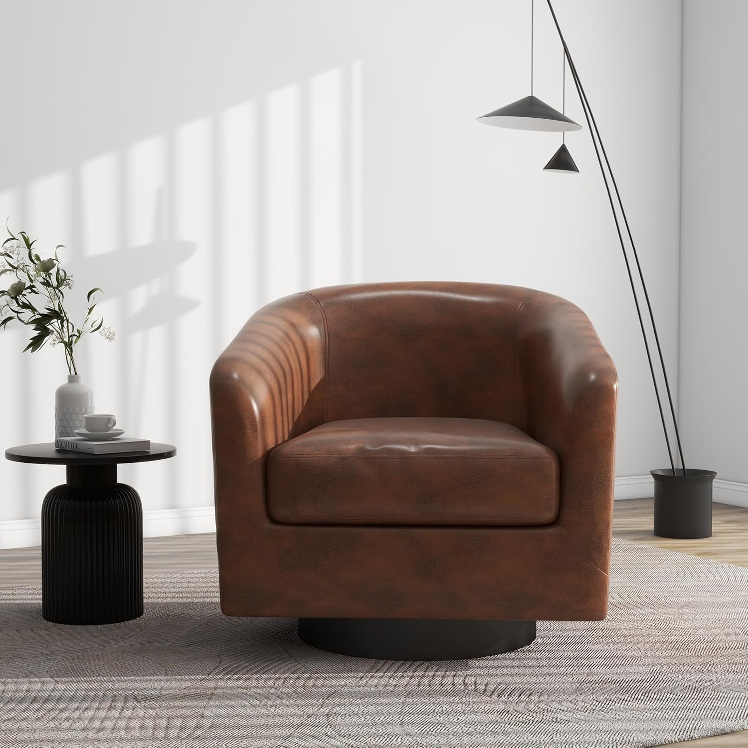 Swivel Barrel Accent Chair, Modern Round Faux Leather Arm Chair for Living Room, Bedroom, Comfy