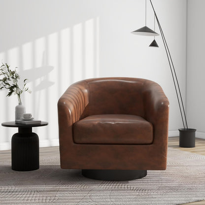 Swivel Barrel Accent Chair, Modern Round Faux Leather Arm Chair for Living Room, Bedroom, Comfy