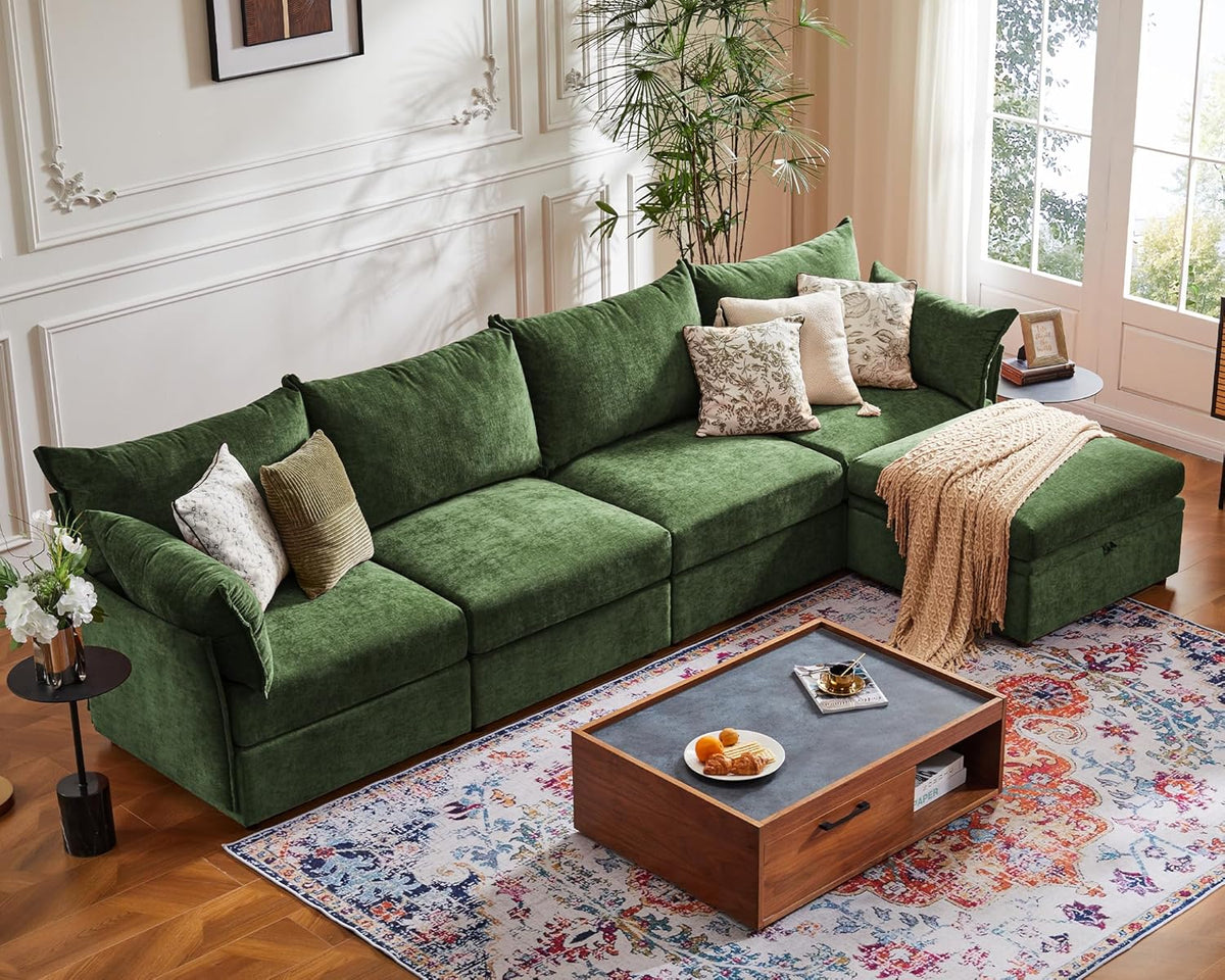 134.6" Luxury Modular Sectional Convertible Sofa with Storage Ottoman, L-Shape 5-Seat Oversized