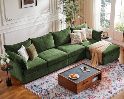 134.6" Luxury Modular Sectional Convertible Sofa with Storage Ottoman, L-Shape 5-Seat Oversized
