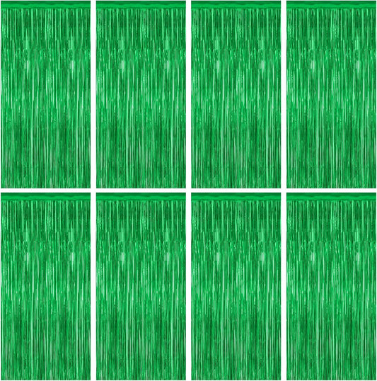 8 Pack Green Streamer, 3.28 FT x 7.05 FT Dinosaur Backdrop, Metallic Tinsel Backdrop FOI Fringe