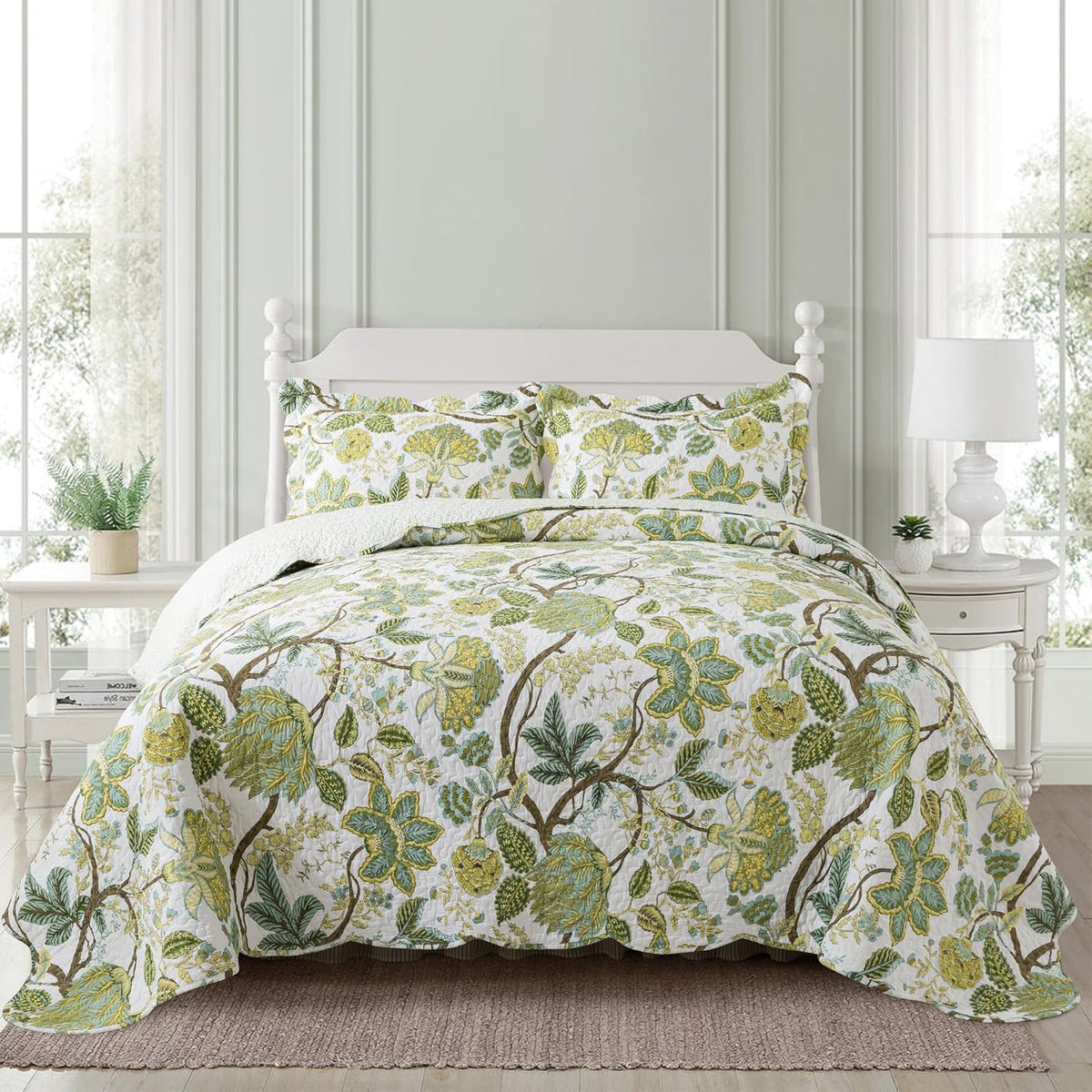 NEWLAKE Cotton Bedspread Quilt Sets - Reversible Patchwork Coverlet Set, Floral Vine Pattern, Queen