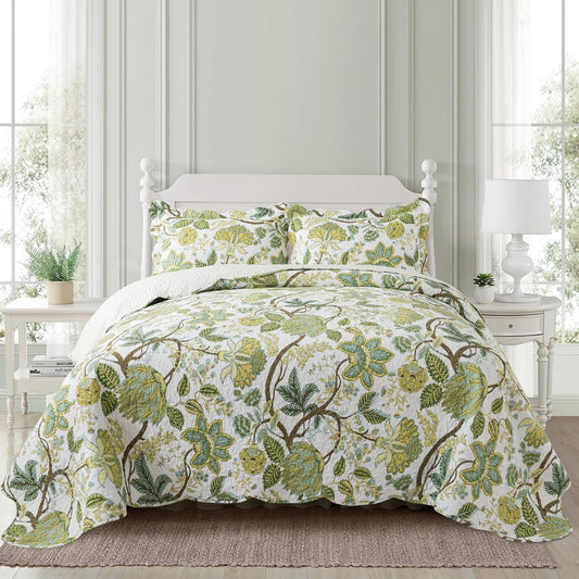 NEWLAKE Cotton Bedspread Quilt Sets - Reversible Patchwork Coverlet Set, Floral Vine Pattern, Queen