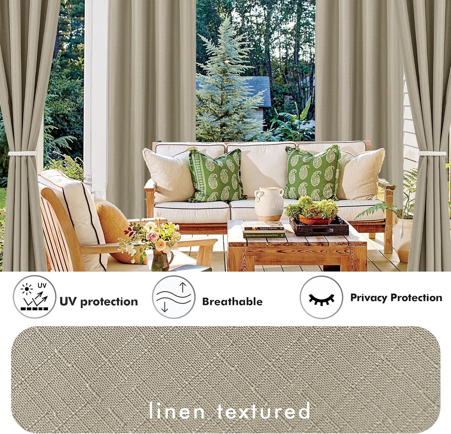 HolidayIdeas Linen Outdoor Curtains for Patio 4 Panels Waterproof Taupe Outside Curtains