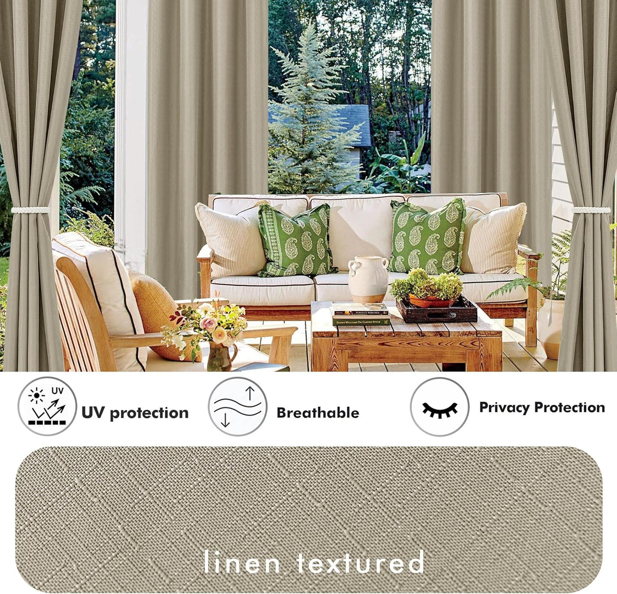 HolidayIdeas 4 Panels Linen Outdoor Curtains for Patio Waterproof Taupe Outside Curtains