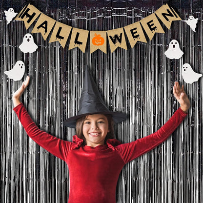 BRAVESHINE Black Halloweens Party Foil Fringe Curtains - 2 Pack Metallic Tinsel Photo Booth