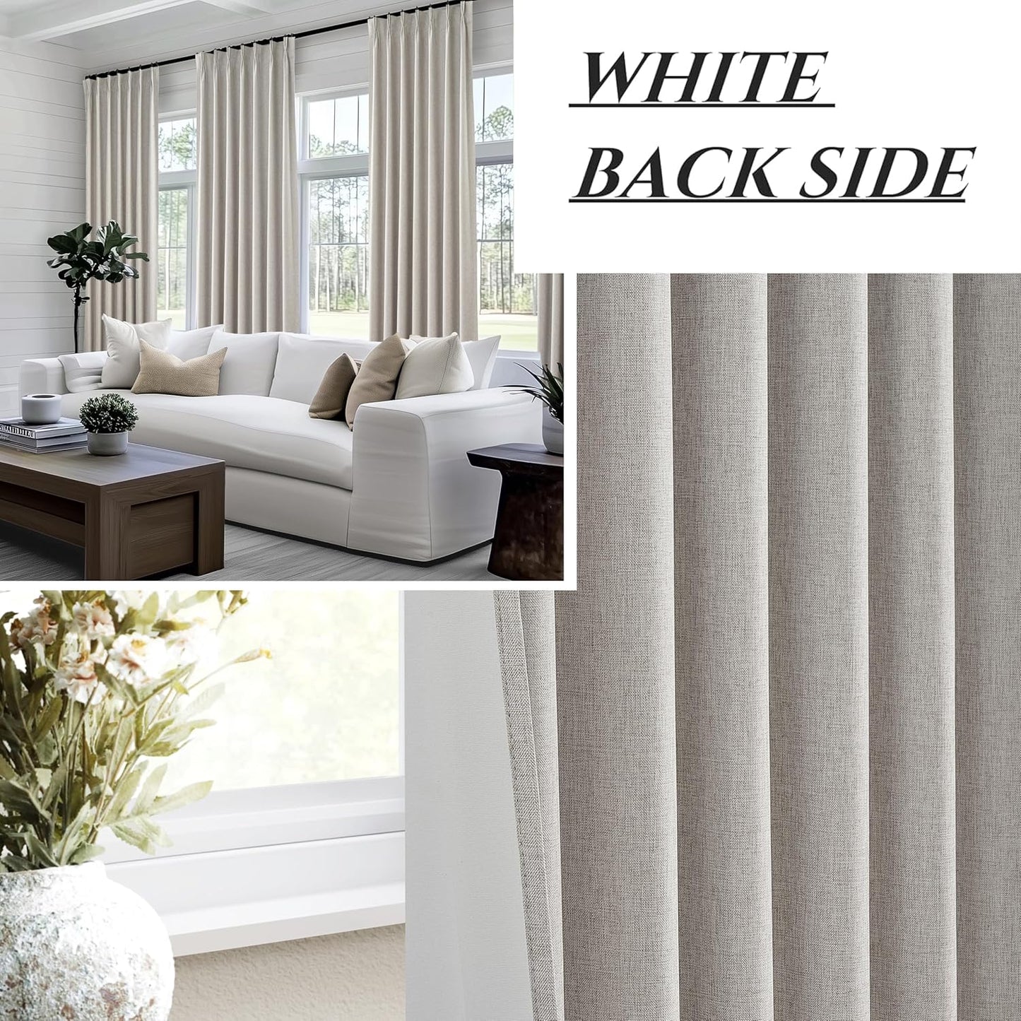 Natural Melange Taupe Blackout Curtains 108 Inch Extra Long Linen Viral Curtain with Pinch Pleat