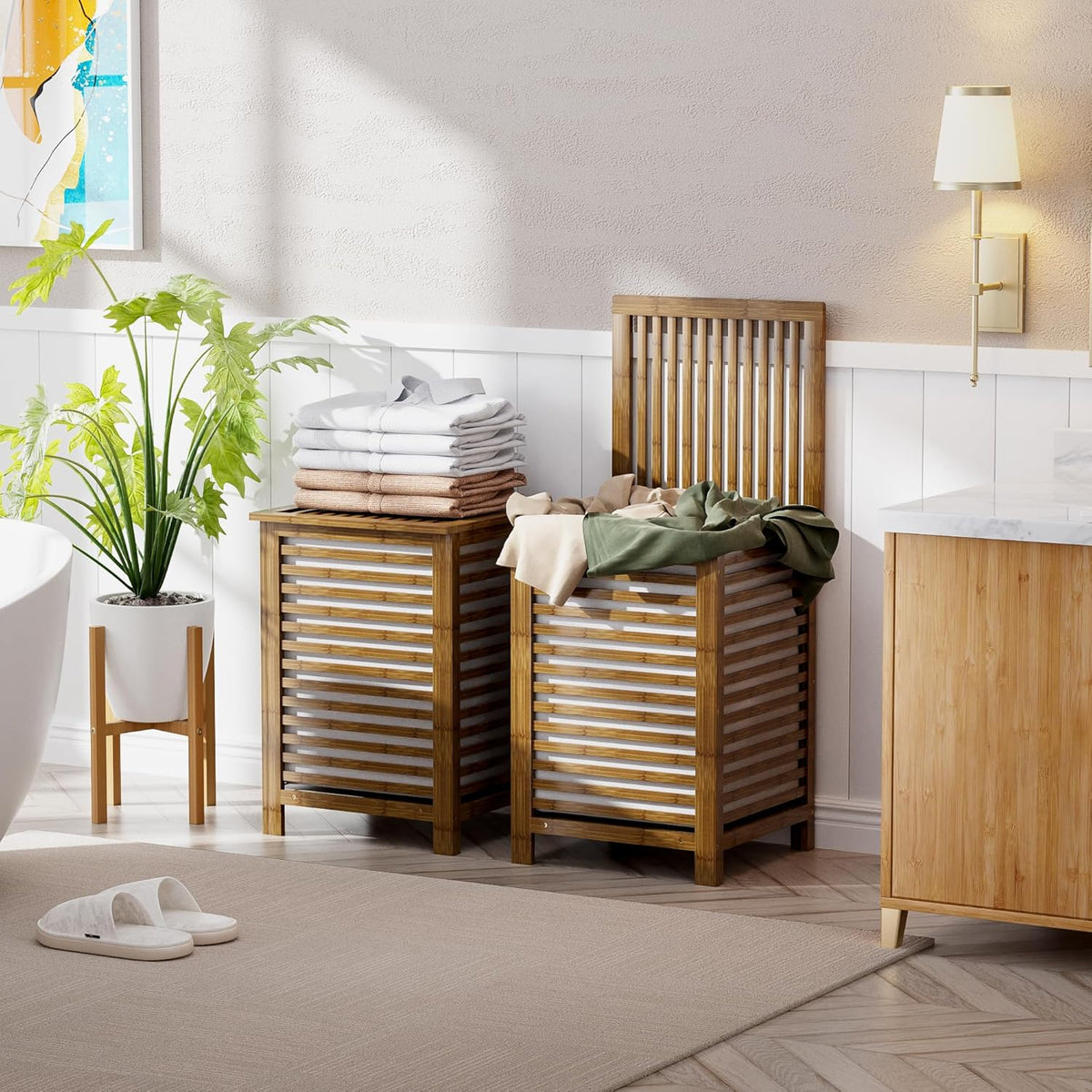 SMIBUY Double Laundry Hamper with Lid, 120L Bamboo Laundry Basket with Removable Liner Bag