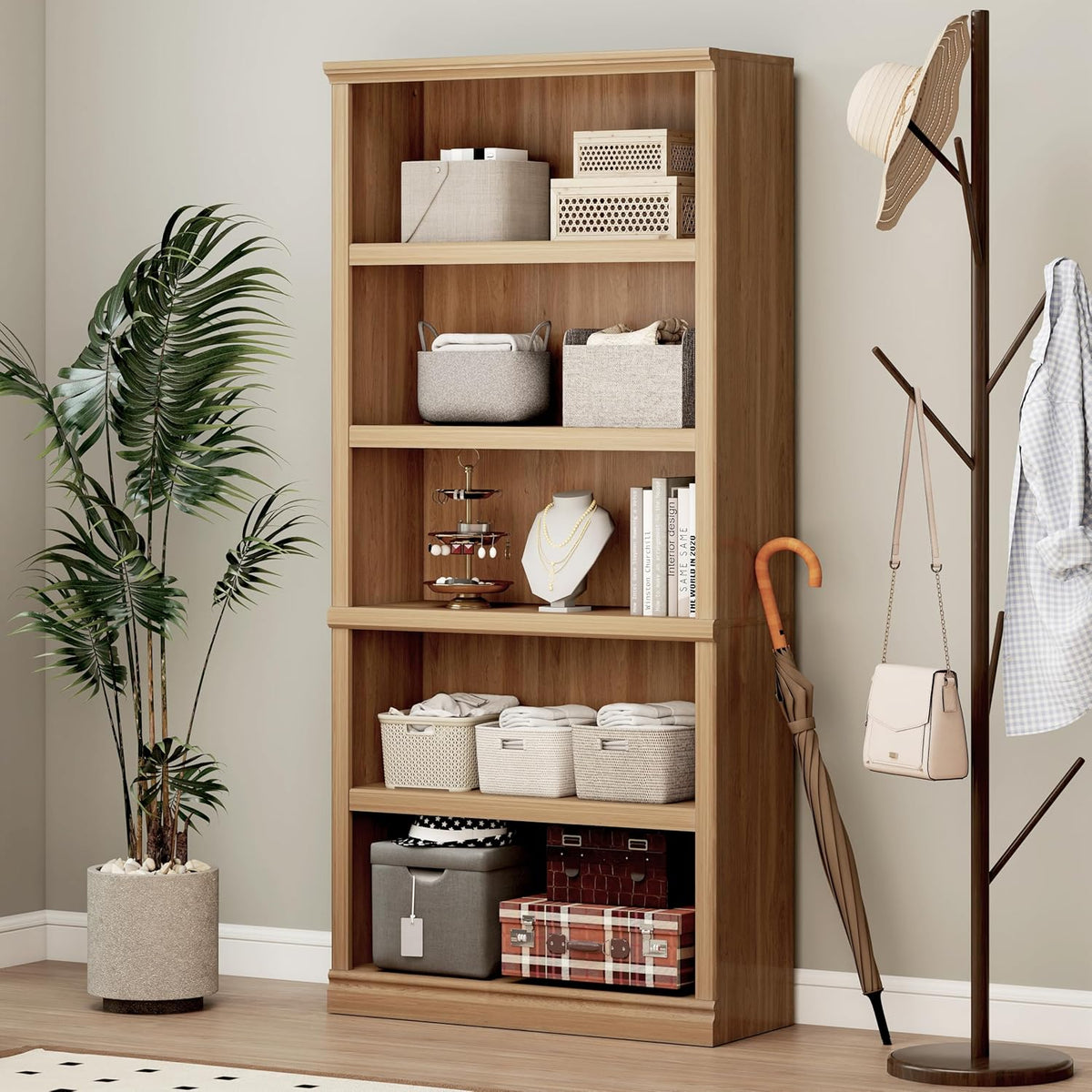 70 in Tall Bookcase, White Bookshelf Open Storage 5-Tier Shelves, 33 inch Wide Floor Standing