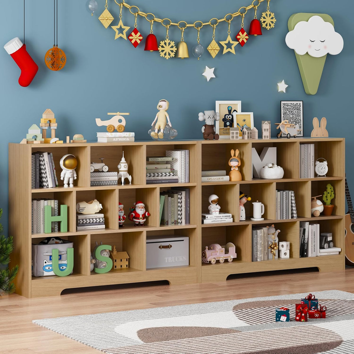 Book Shelf Set of 2, 10 Cubes Storage Organizer, 3-Tier Open Bookshelf Wooden Bookcase