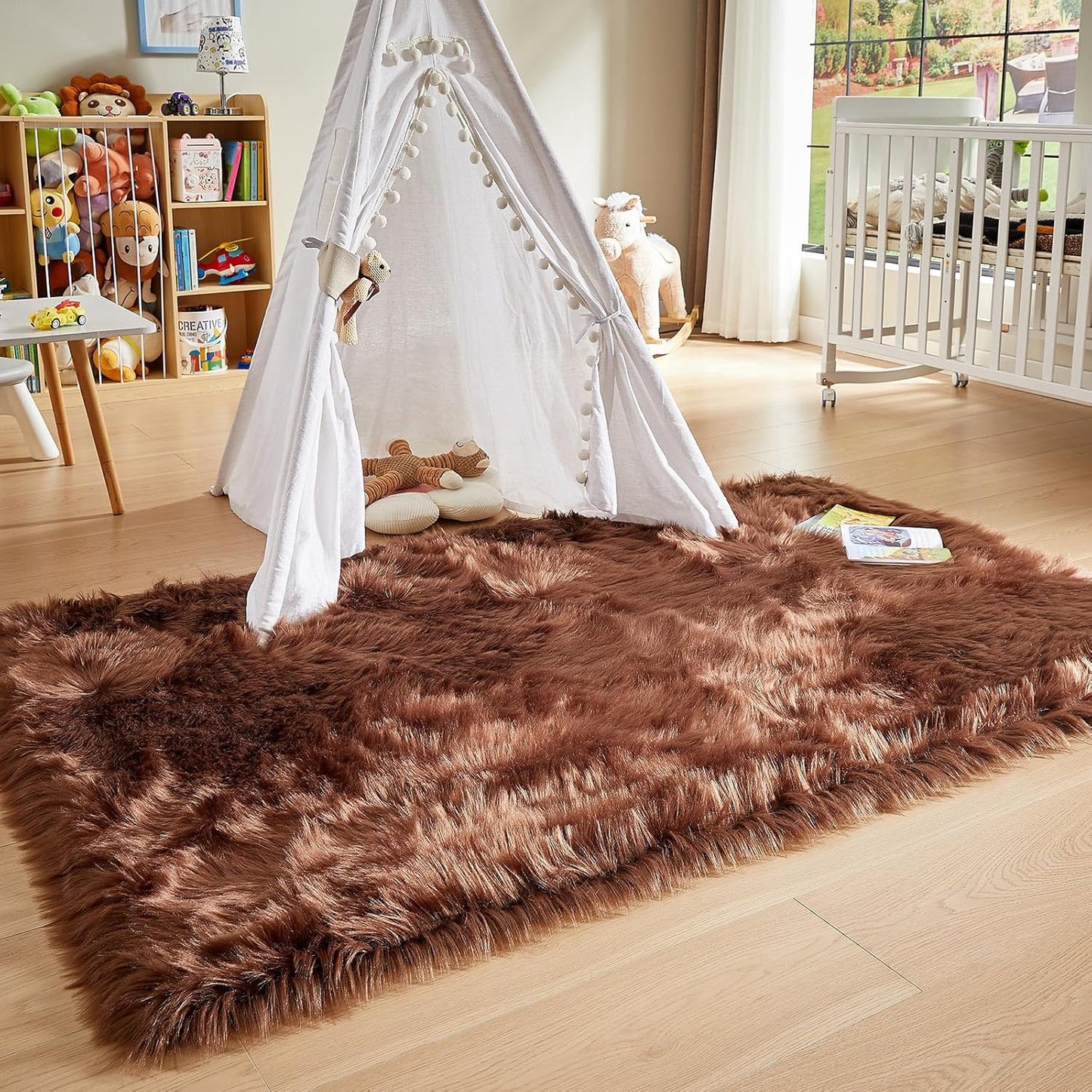 AMTOVO Faux Fur Sheepskin Rug for Living Room, 4 x 6 ft Coffee Fluffy Area Rug for Bedroom