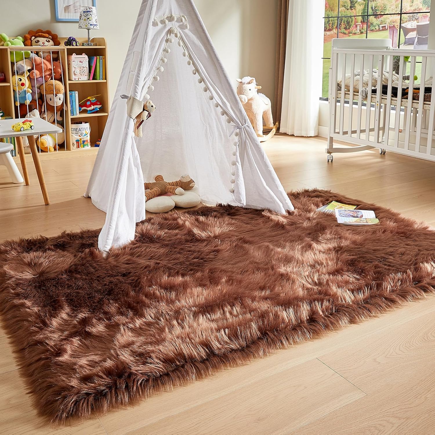 AMTOVO Faux Fur Sheepskin Rug for Living Room, 4 x 6 ft Coffee Fluffy Area Rug for Bedroom
