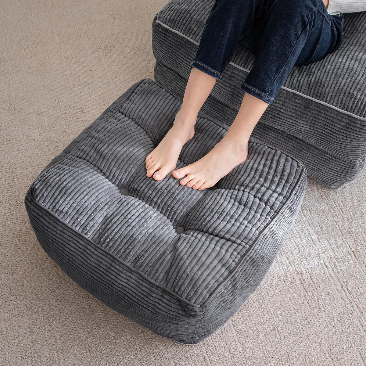 HIGOGOGO Square Stuffed Pouf Ottoman, Corduroy Poufs with Foam Chunk Filling, Furry and Fluffy Pouf