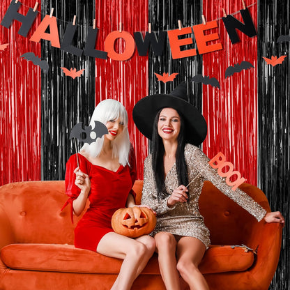 8 Pack Halloween Party Supplies, 3.28 FT x 7.05 FT Red and Black Foil Streamer, Metallic Fringe