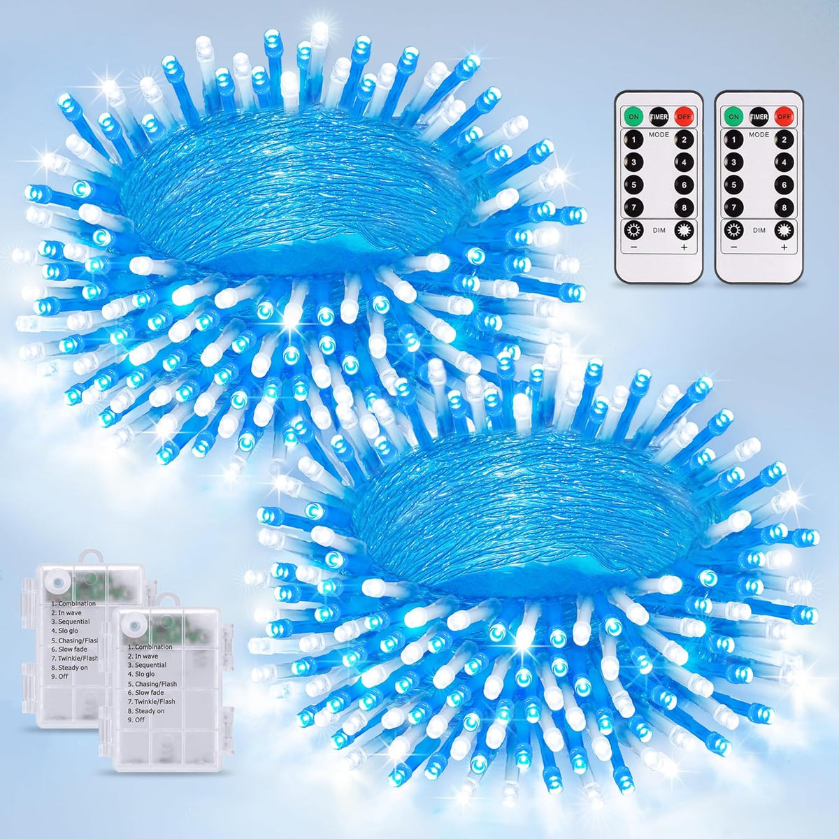JMEXSUSS 2 Pack Blue and White Battery String Lights, Each 33ft 100 LED Battery Powered Christmas