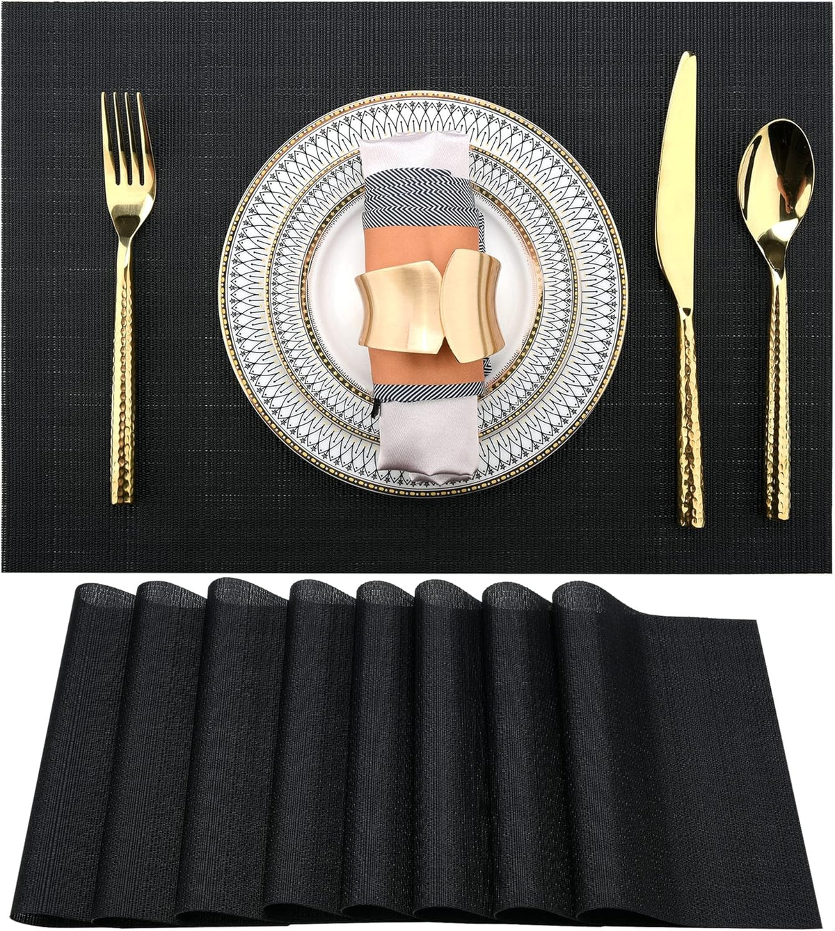Black Placemats Set of 8 - Easy Clean Washable Vinyl Placemats - Heat Resistant Placemats for