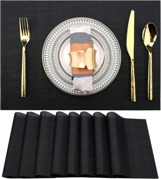 Black Placemats Set of 8 - Easy Clean Washable Vinyl Placemats - Heat Resistant Placemats for