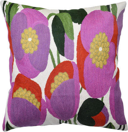 Lily Pink Flower Pillow Cover | Suzani Accent Pillow | Outdoor Floral Pillows | Hand Embroidered