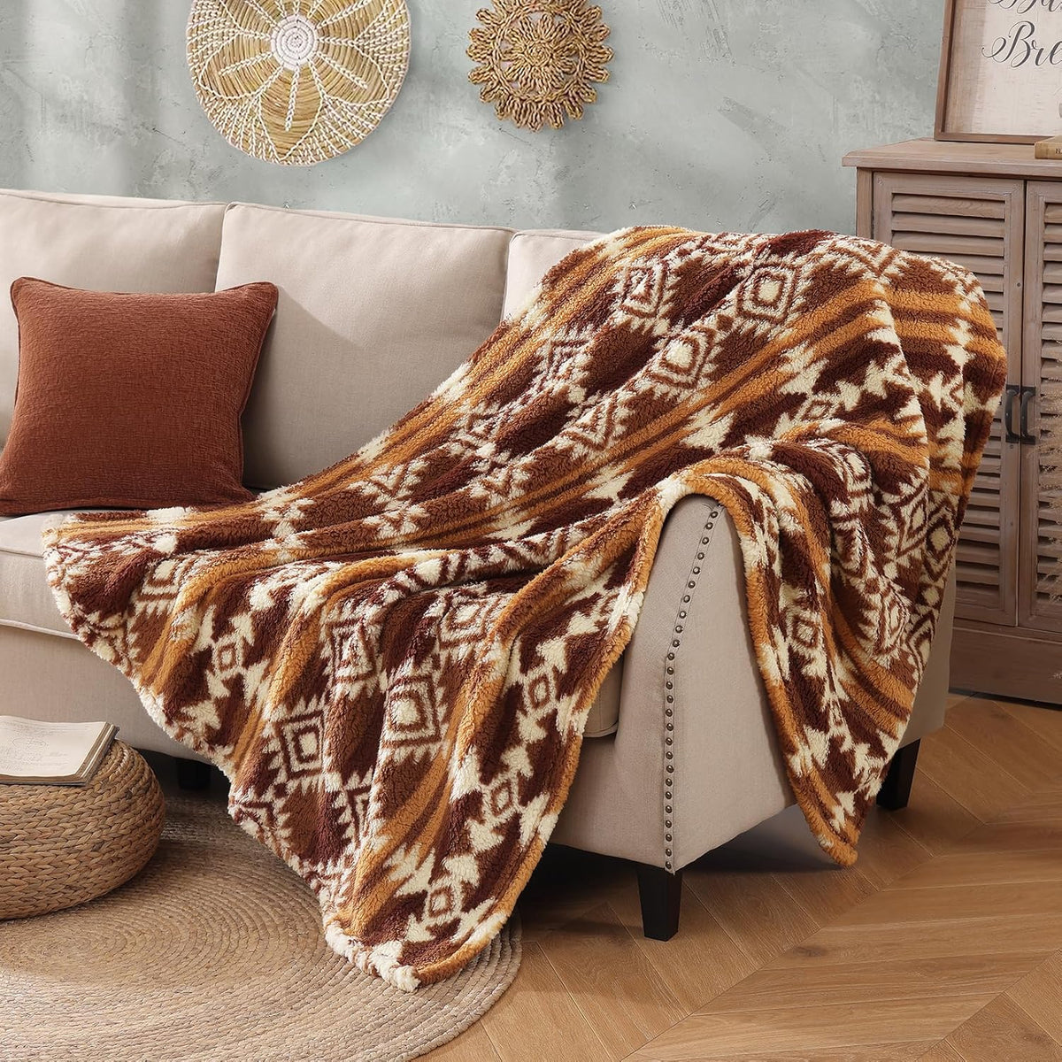 CASAAGUSTO Boho Sherpa Blanket, Aztec Twin Blanket,Ultra Soft, Warm, Cozy, Plush, Thick Fleece