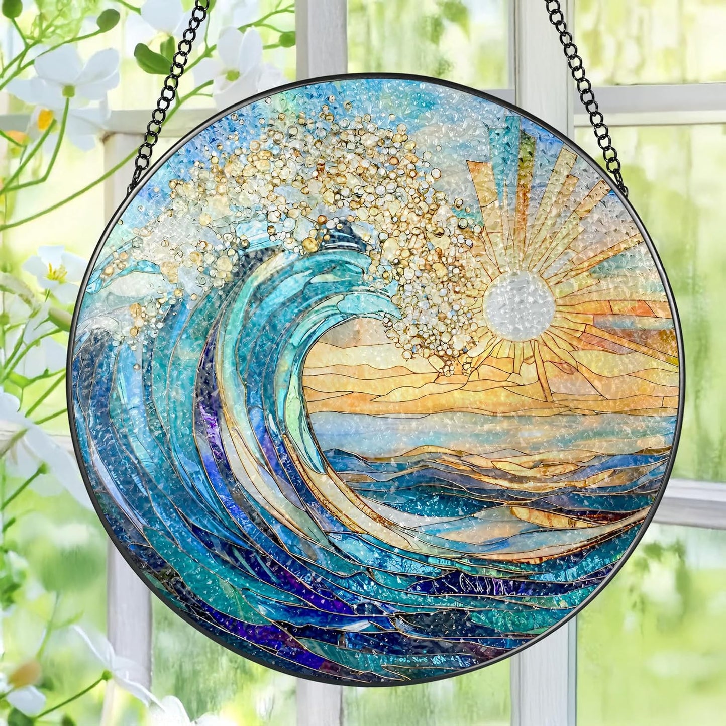 Sea Wave Stained Glass Suncatcher, 8 Inch Ocean Suncatchers for Window Hanging, Beach Lover Gifts