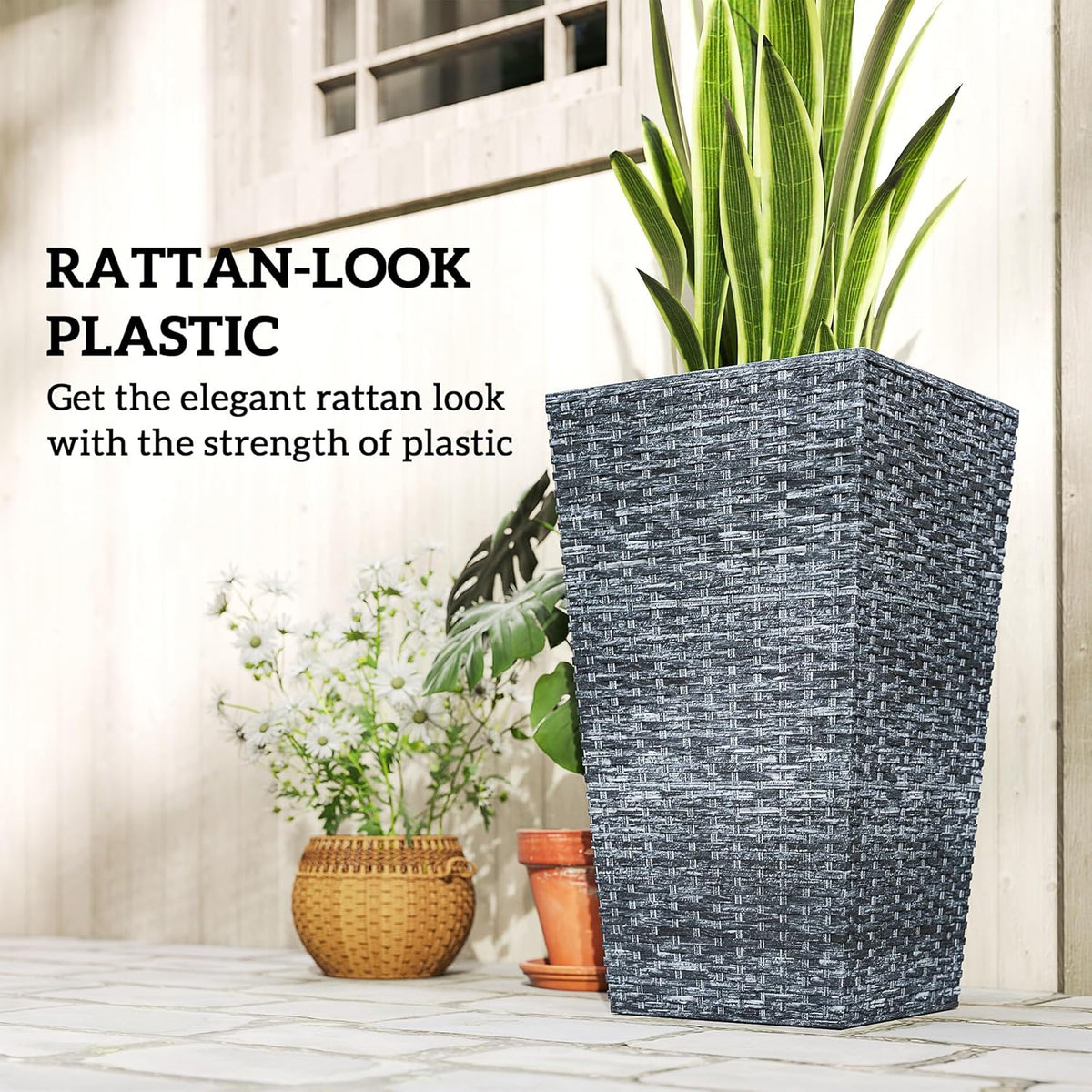 Outsunny Tall Planters for Outdoor Plants Set of 3, 24 in Taper Planters with Drainage Holes
