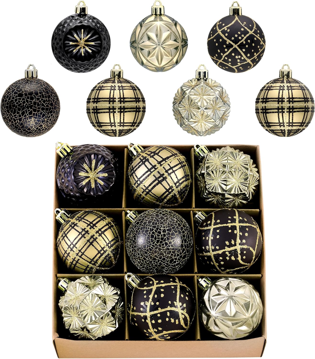 Valery Madelyn Ornaments for Christmas Trees, 9ct 2.36 Inches Black and Gold Shatterproof Christmas