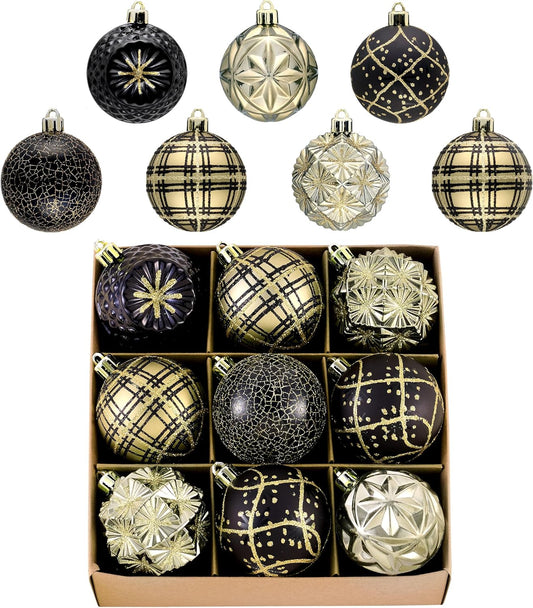 Valery Madelyn Ornaments for Christmas Trees, 9ct 2.36 Inches Black and Gold Shatterproof Christmas