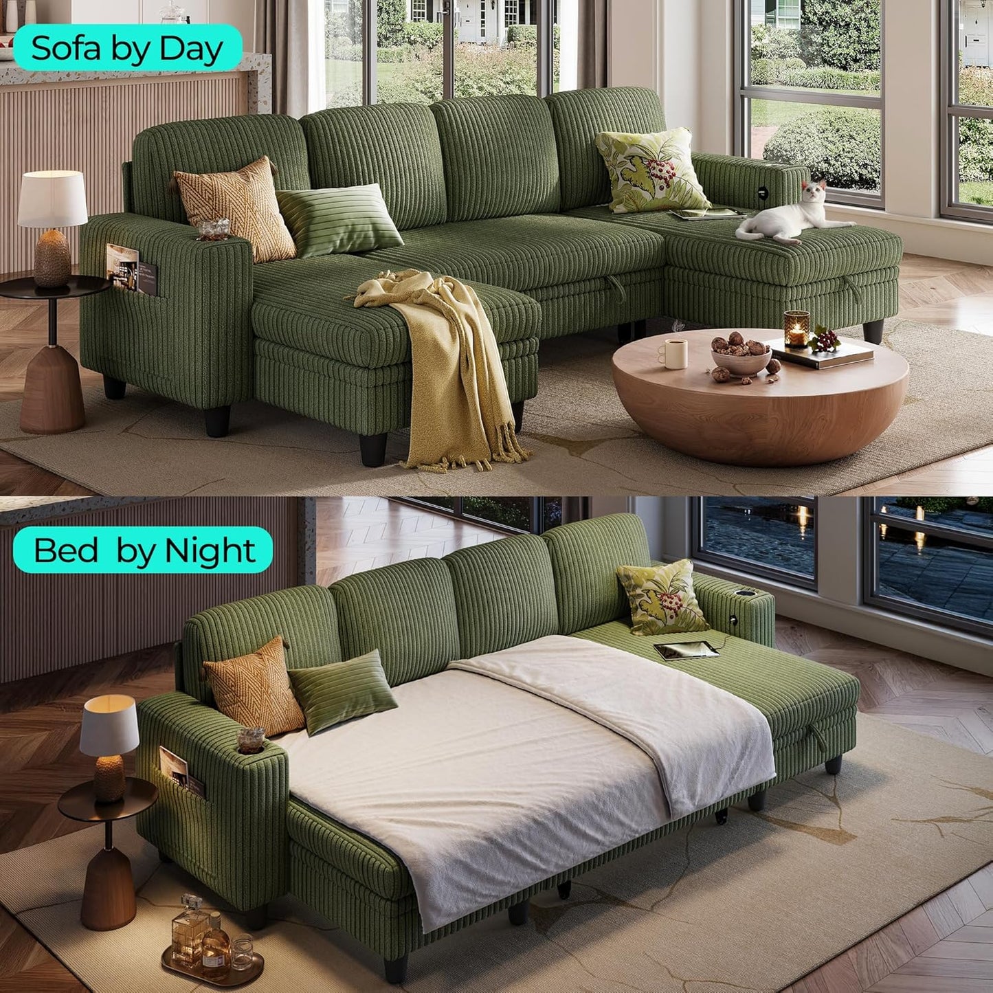 LINSY HOME Sectional Sleeper Sofa with Pull Out Couch Bed - Convertible Plush Corduroy Cloud Couch