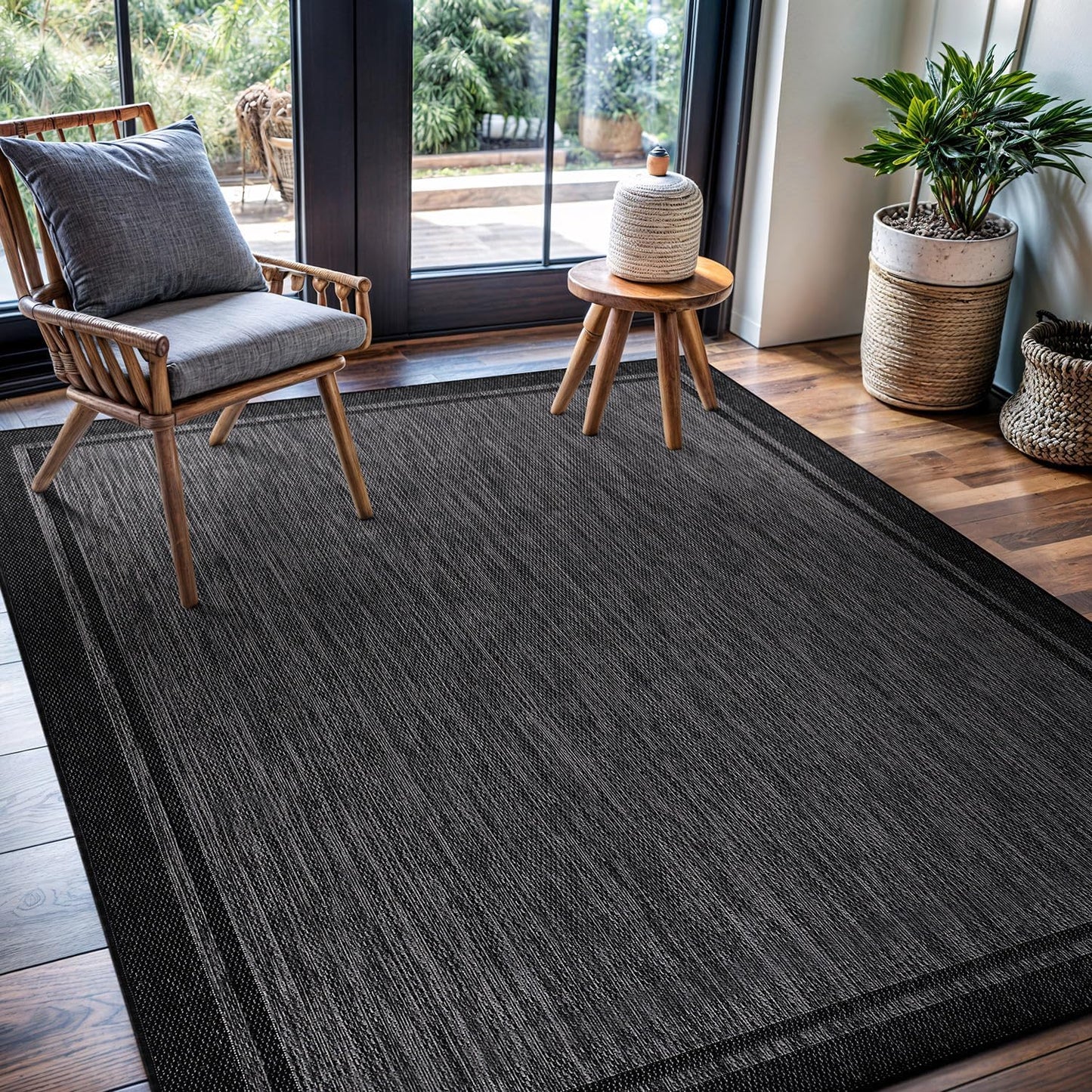 CAMILSON Indoor Outdoor Rug, 6x9 Bordered Dark Grey Black Modern Area Rugs for Indoor and Outdoor