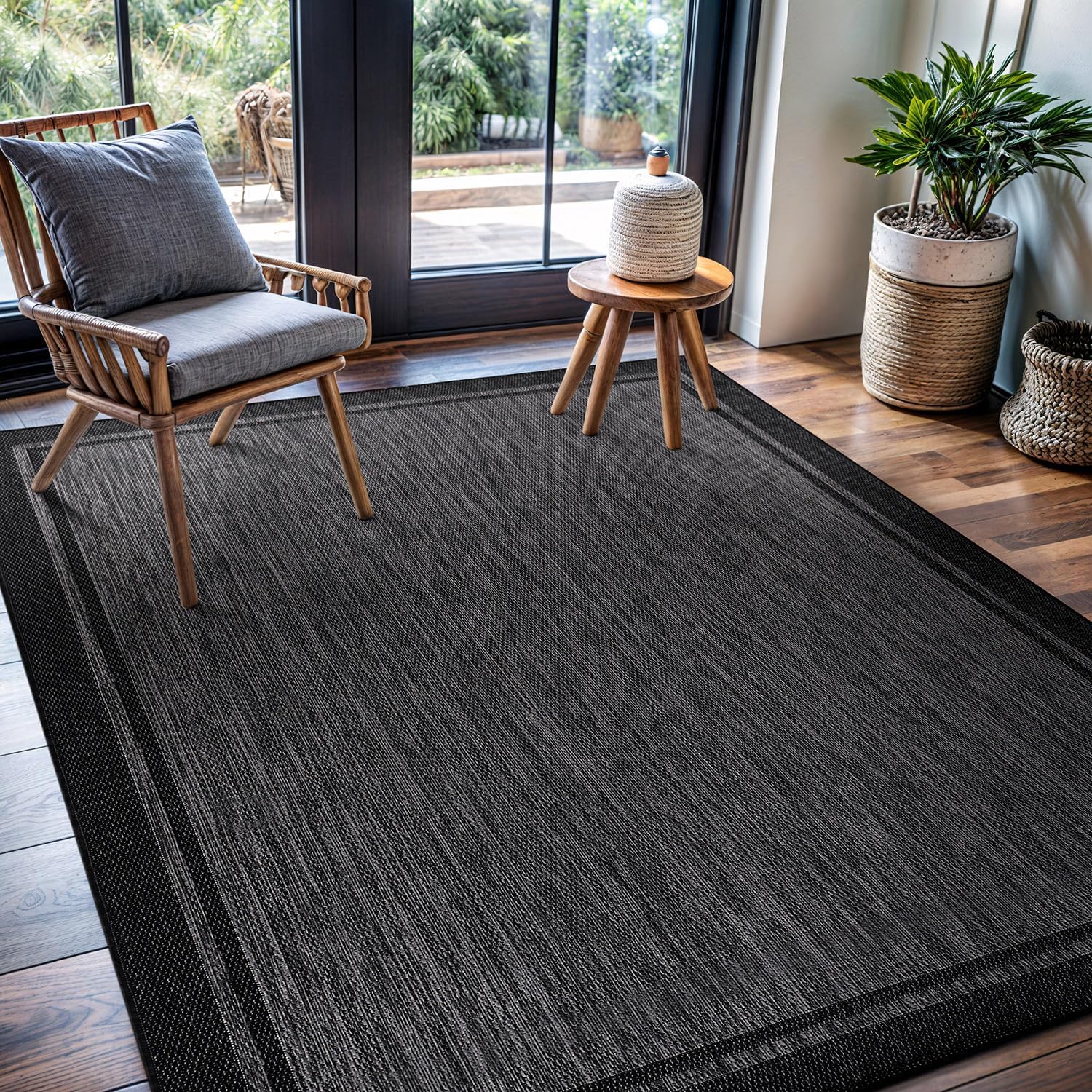 CAMILSON Indoor Outdoor Rug, 6x9 Bordered Dark Grey Black Modern Area Rugs for Indoor and Outdoor
