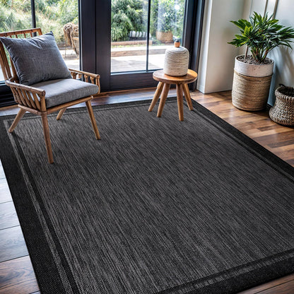 CAMILSON Indoor Outdoor Rug, 6x9 Bordered Dark Grey Black Modern Area Rugs for Indoor and Outdoor