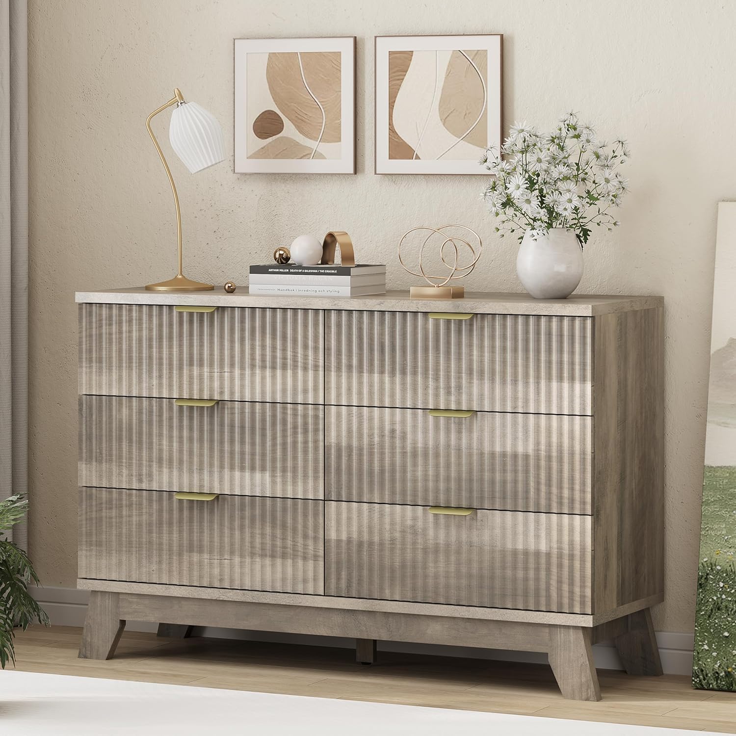Fluted Dresser for Bedroom with 6 Drawers, 48" Wide Modern Chest of Drawers with Metal Handle