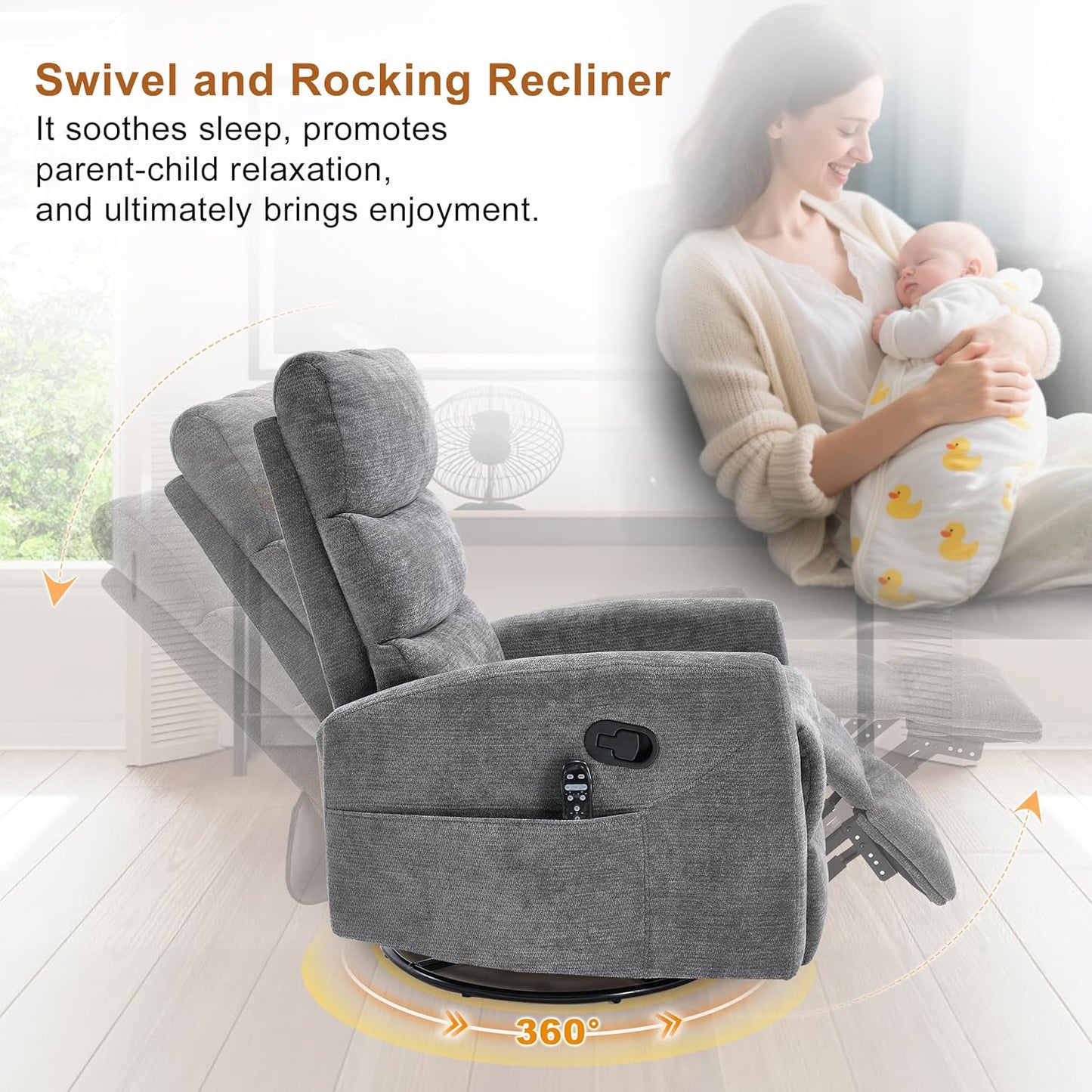 Manual Swivel Rocker Recliner Chair for Adults, Overstuffed Reclining Glider Chair for Nursing with