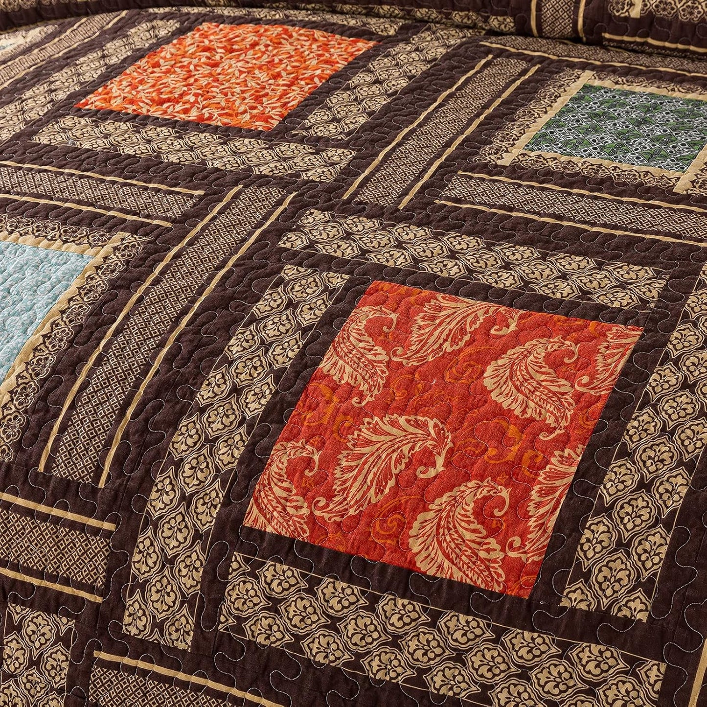 NEWLAKE Cotton Patchwork Bedspread, 3-Piece Bedding Quilt Set with Real Stitched Embroidery